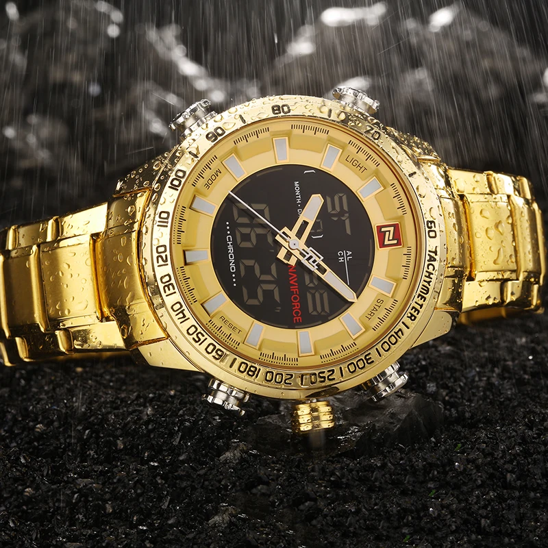 Men's NAVIFORCE Luxury Brand Sport Watches Men Dual Display LED Digital Waterproof Full Steel Quartz Watch Man Clock+origin box