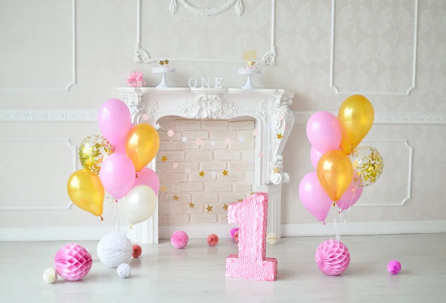 

Laeacco Baby 1st Birthday Balloons Flowers Cake Gift Fireplace Background Customized Photographic Backdrop For Photo Studio