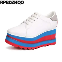 Muffin повседневная Настоящая кожа белый клинья большой размер досуг Квадратный носок криперы обувь на платформе зашнуровать марка Толстая подошва Платформа женщин отправка капель последние весенняя осень Мода