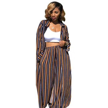 

Long Sleeve Striped 2 Piece Set Women Pant And Top Turn-Down Collar Wide Leg Pants Set Women Matching Set