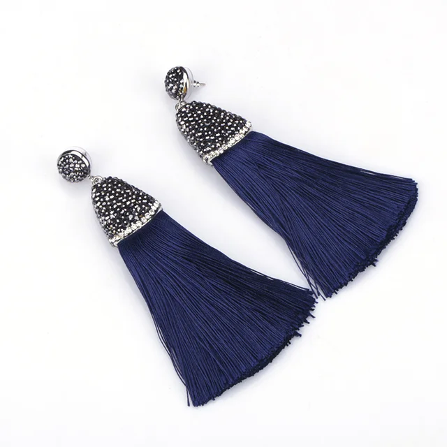 Boho Dark Blue Navy Chunky Silk Thick Tel With Blak Boho Dark Blue Navy Chunky Silk Thick Tel With Blak Rhinestone Cap Charm Studs Top
