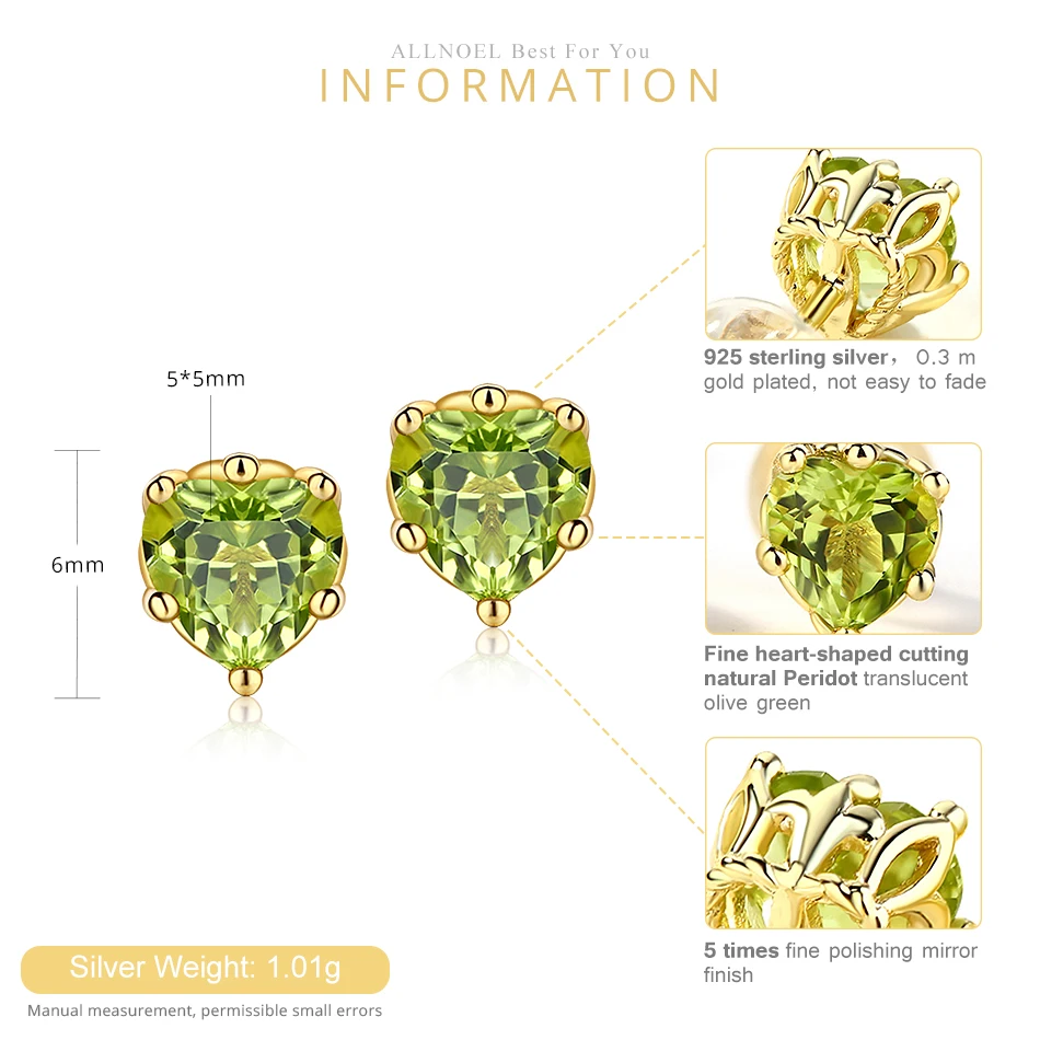 ALLNOEL Heart Stud Earrings Luxury Green Gemstone Natural Peridot Earrings For Women Fine Jewelry Valentine's Day Engagement New (11)