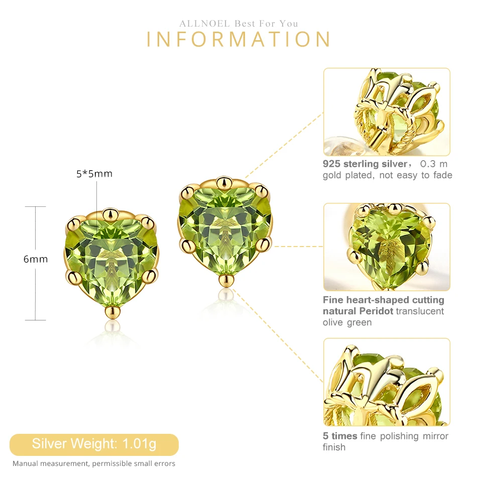 ALLNOEL серьги-гвоздики в форме сердца, роскошные серьги с зеленым драгоценным камнем, натуральный Перидот, для женщин, хорошее ювелирное изделие, на День святого Валентина, для помолвки, новинка