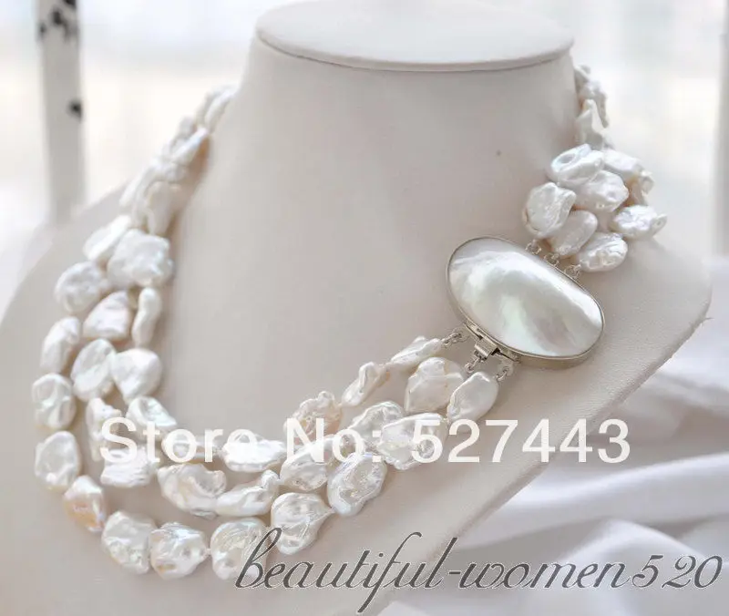 

Wholesale free shipping >> 3strands 19mm BAROQUE white KESHI REBORN PEARL NECKLACE mabe clasp