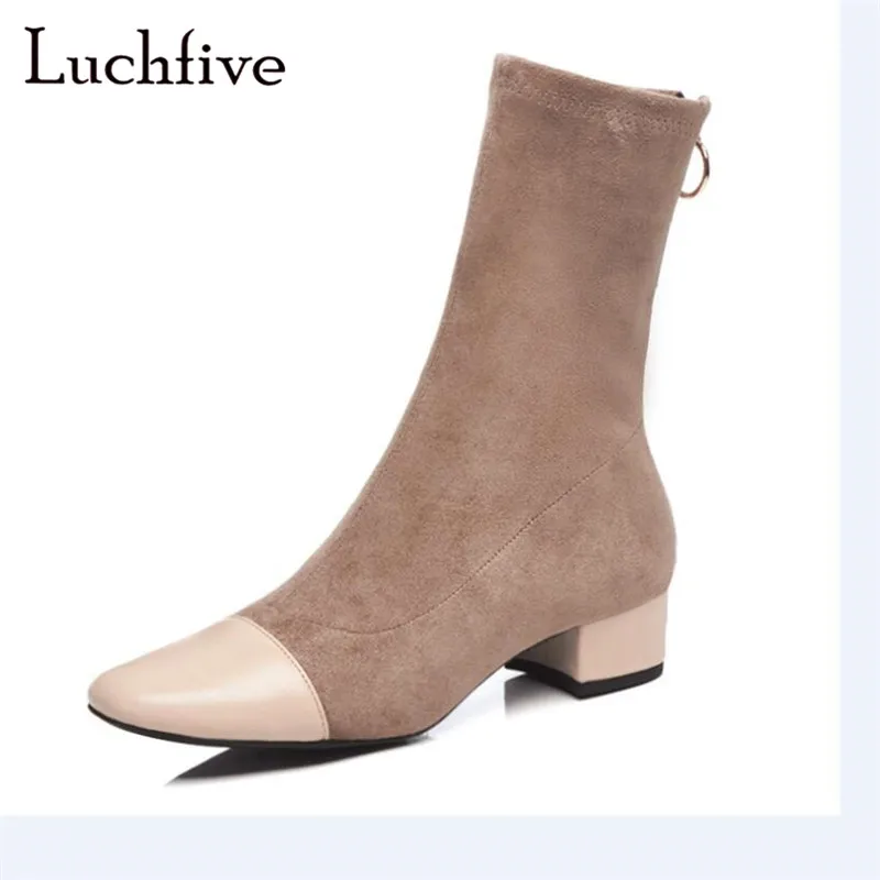 

Kid suede square toe short boots genuine leather low chunky heels female shoes circle back zipper black red khaki ankle boots
