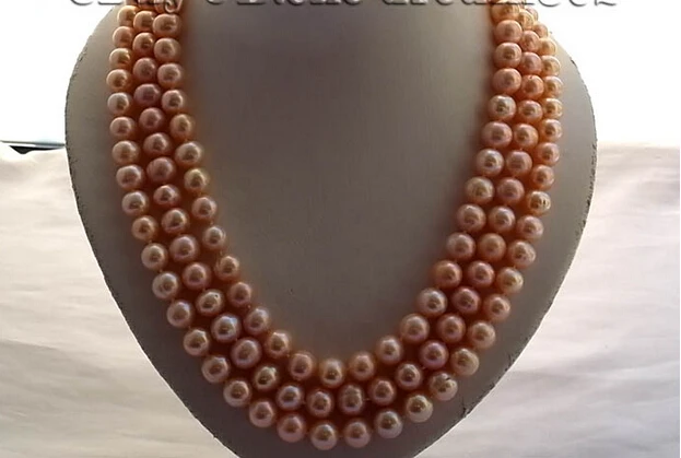 

Free shipping@@@@@ A>3strands 22"10mm round pink freshwater pearl necklace shell flower clasp a 6.08
