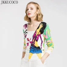 JKKUCOCO Модные женские хлопковые свитера с цветочным принтом, женский свитер, однобортные глубокие кардиганы с v-образным вырезом, женские вязаные свитера
