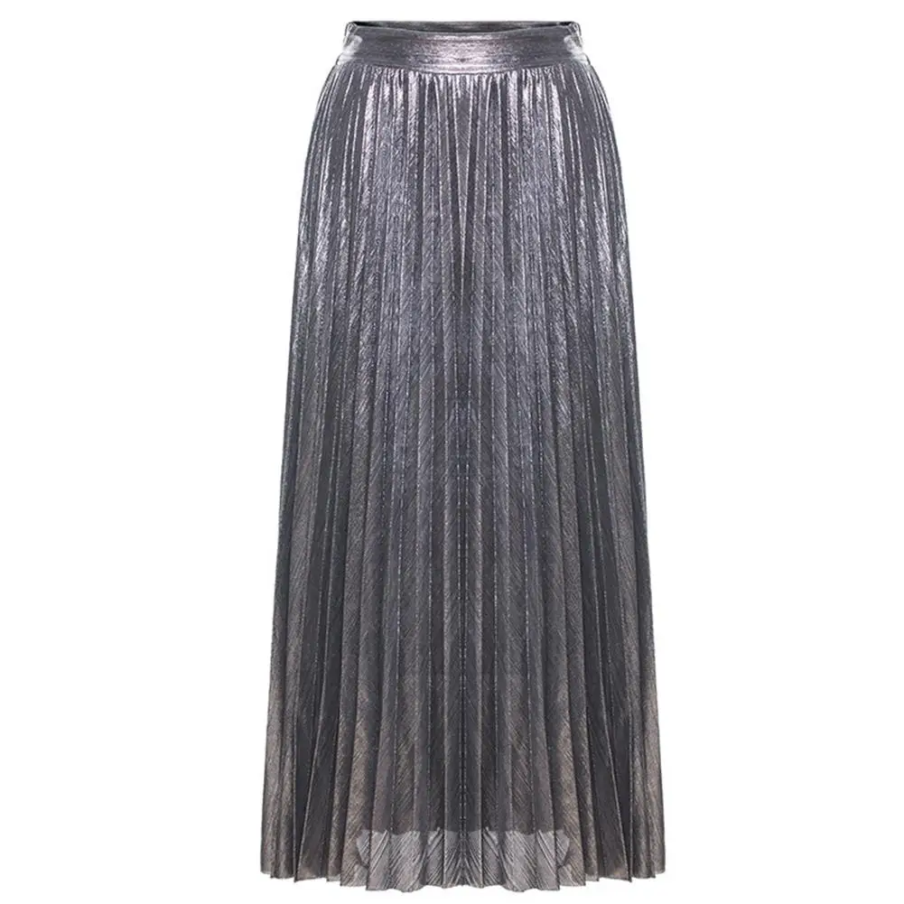 Новая Yfashion Женская модная бронзовая длинная Плиссированная повседневная юбка с высокой талией - Цвет: silver