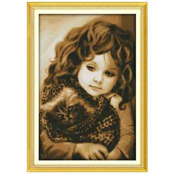 

Free Ship Girl and Cat s Counted Cross Stitch 11CT Printed 14CT Cross Stitch Kits for Embroidery Needlework Crafts