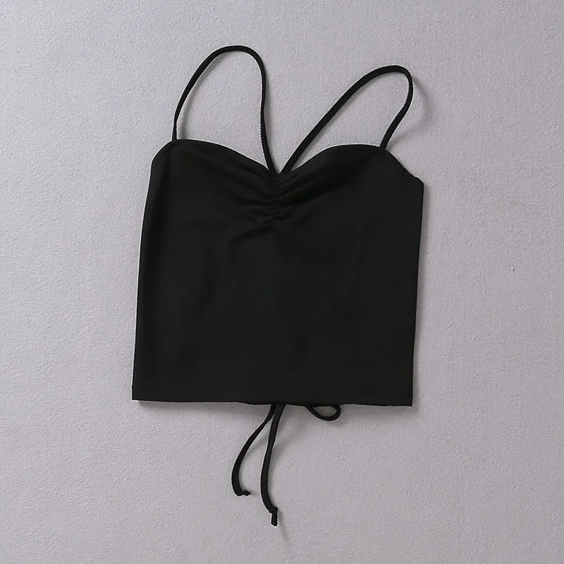 Женский короткий топ с вырезом-сердечком и шнуровкой на спине для девочек, спандекс, кружевные майки на спине, облегающие бретельки, Camis - Цвет: black