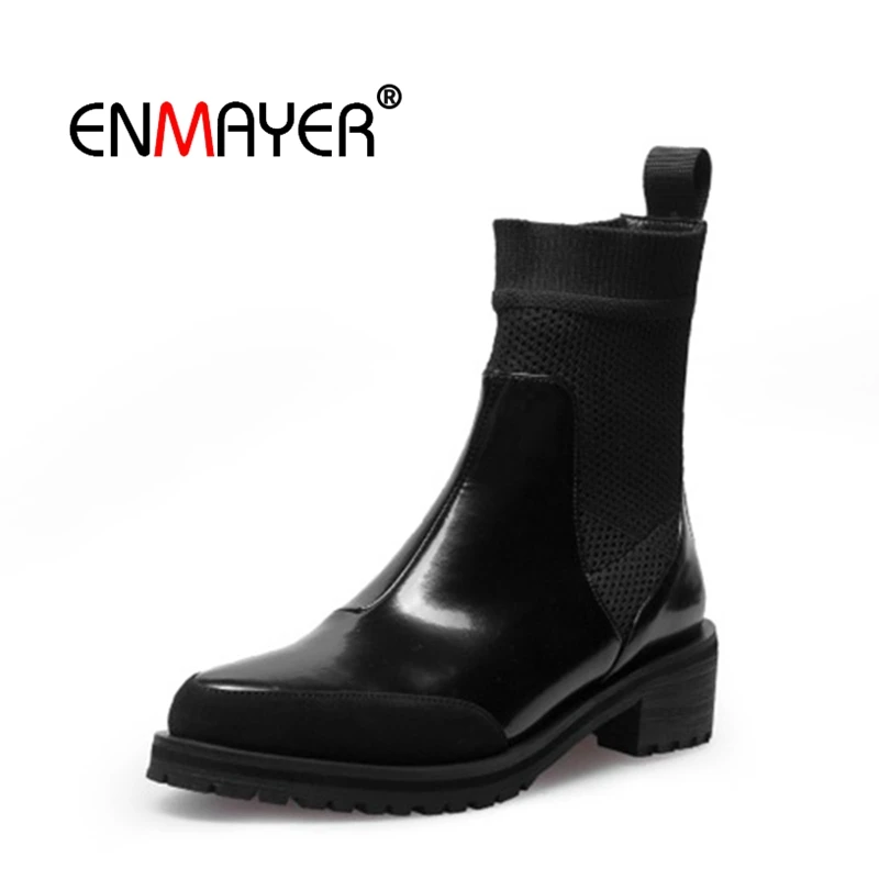

ENMAYER Women Ankle Boots Size 34-39 Causal MedHeels Thick Heels Fashion Boots Round Toe Real Leather Shoes woman Slip on CR1701