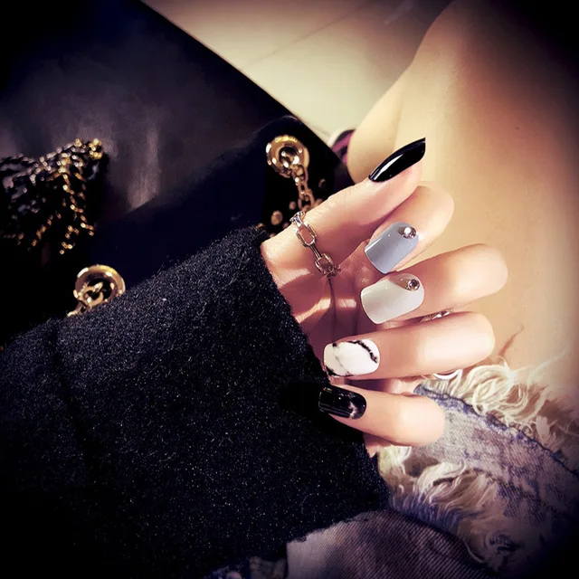 24pcs Hot Marble Design False Nails Black Blue White Short Square 24pcs Hot Marble Design False Nails Black Blue White Short Square Full Cover Acrylic Nail Art