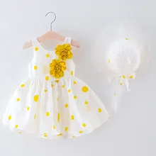 Летние платья для девочек Туника без рукавов с принтом в виде цветов и праздничное платье принцессы+ шляпа Костюмы одежда для малышей Одежда для девочек От 1 до 3 лет