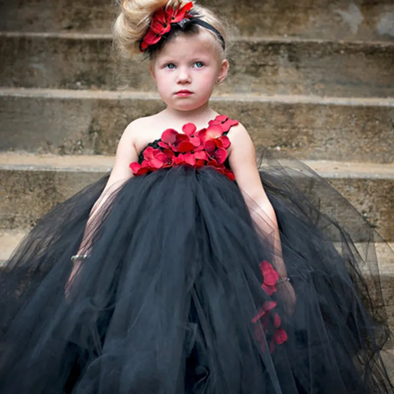 

Black and Red Flower Girl Tutu Dress with Flower Headband Princess Children's Black Girls Wedding Party Dress Baby Girl Clothing