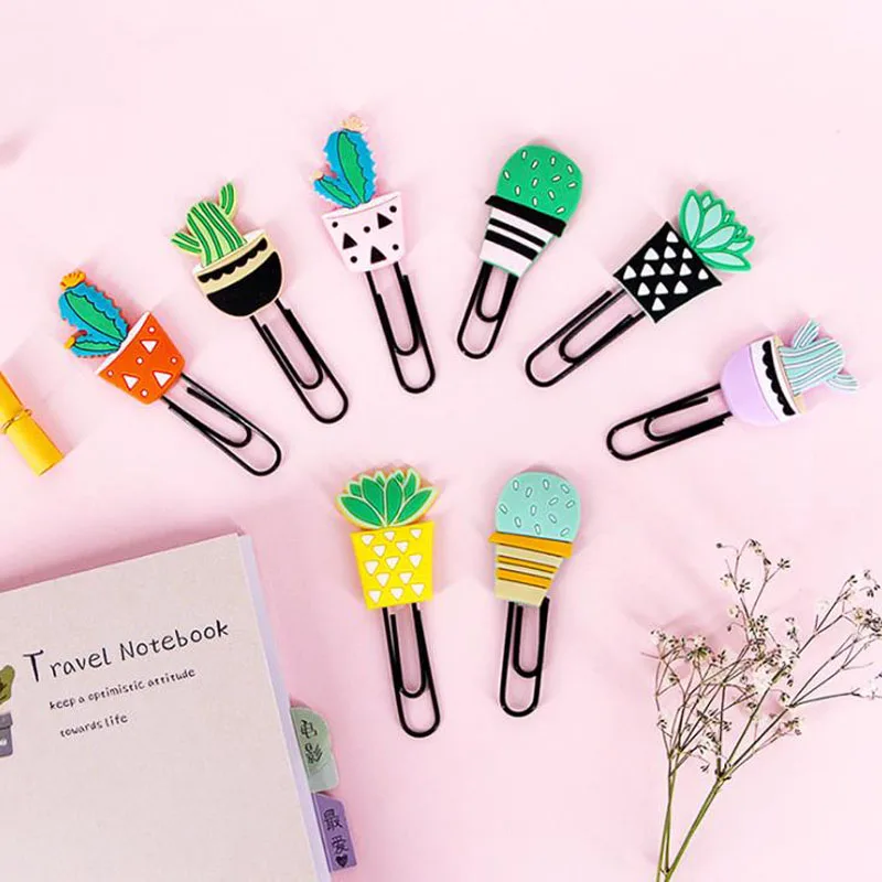 

4Pcs/Set Creative Stationery Cartoon Green Cactus Soft Silicone Colorful Paper Clip Kawaii Bookmark School Office Supplies