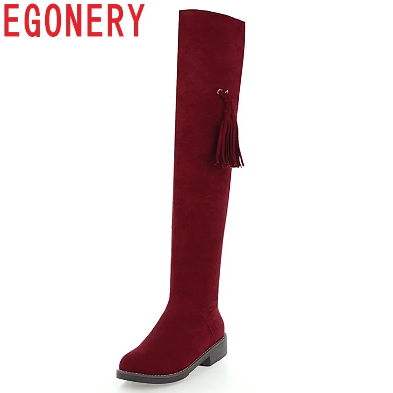 

EGONERY zapatos mujer 2018 winter new concise flock over knee boots low square heel round toe zipper fringe big size women shoes