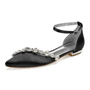 Creativesugar/женские туфли на плоской подошве с острым носком; вечерние модельные туфли с ремешком на щиколотке; туфли на плоской подошве для свадебной вечеринки, выпускного бала - Color: Black