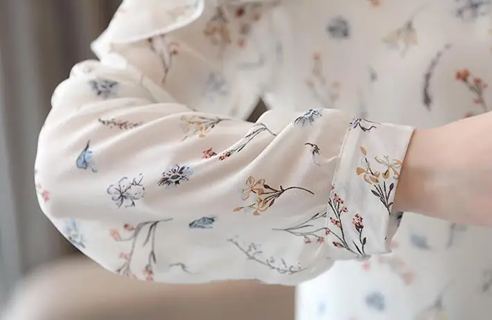 Dingaozlz Корейская шифоновая блузка с оборками и принтом элегантная женская шифоновая офисная рубашка с длинным рукавом женская одежда повседневные топы