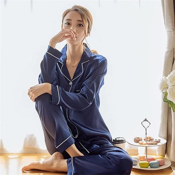 

High Quality Women Silk Satin Pajamas Set Tops Pants Sleepwear Elegant Ladies Nightwear Casual Plain pyjama femme night suit