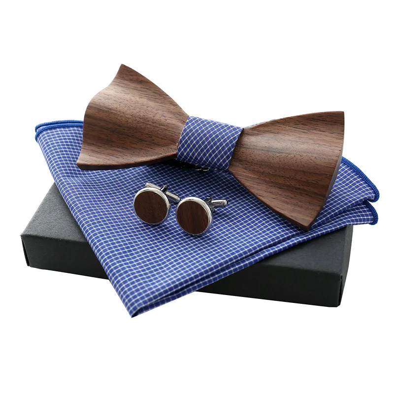 Unisex High-end Natural Wood Raised Bow Tie For Wedding Logo Customized Wooden Ties Set 6 Color Free Handkerchief Z304SQ