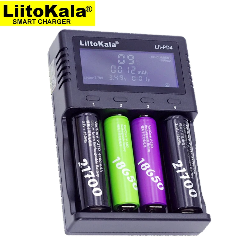 

Liitokala Lii-PD4 LCD Battery Charger, charging 18650 18350 18500 16340 21700 10440 14500 26650 1.2V AA AAA NiMH battery.