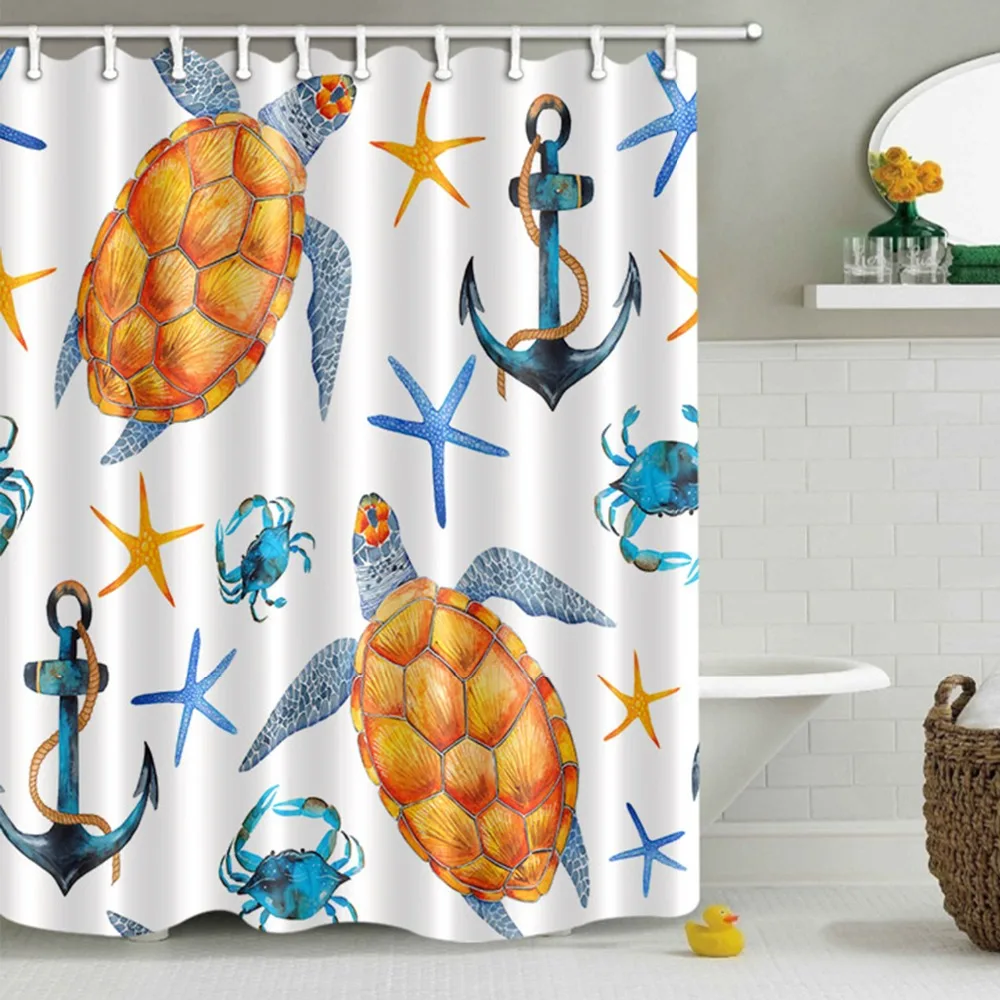 Graffiti Sea Turtle Starfish Fabric Shower Curtain Bathroom Waterproof & Hooks 