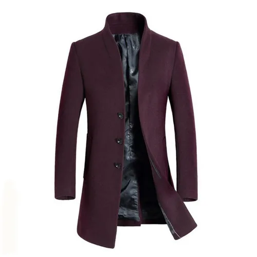 Модное мужское длинное шерстяное пальто, однобортное приталенное пальто, Мужская одежда, куртка с воротником-стойкой, парка - Цвет: Red wine