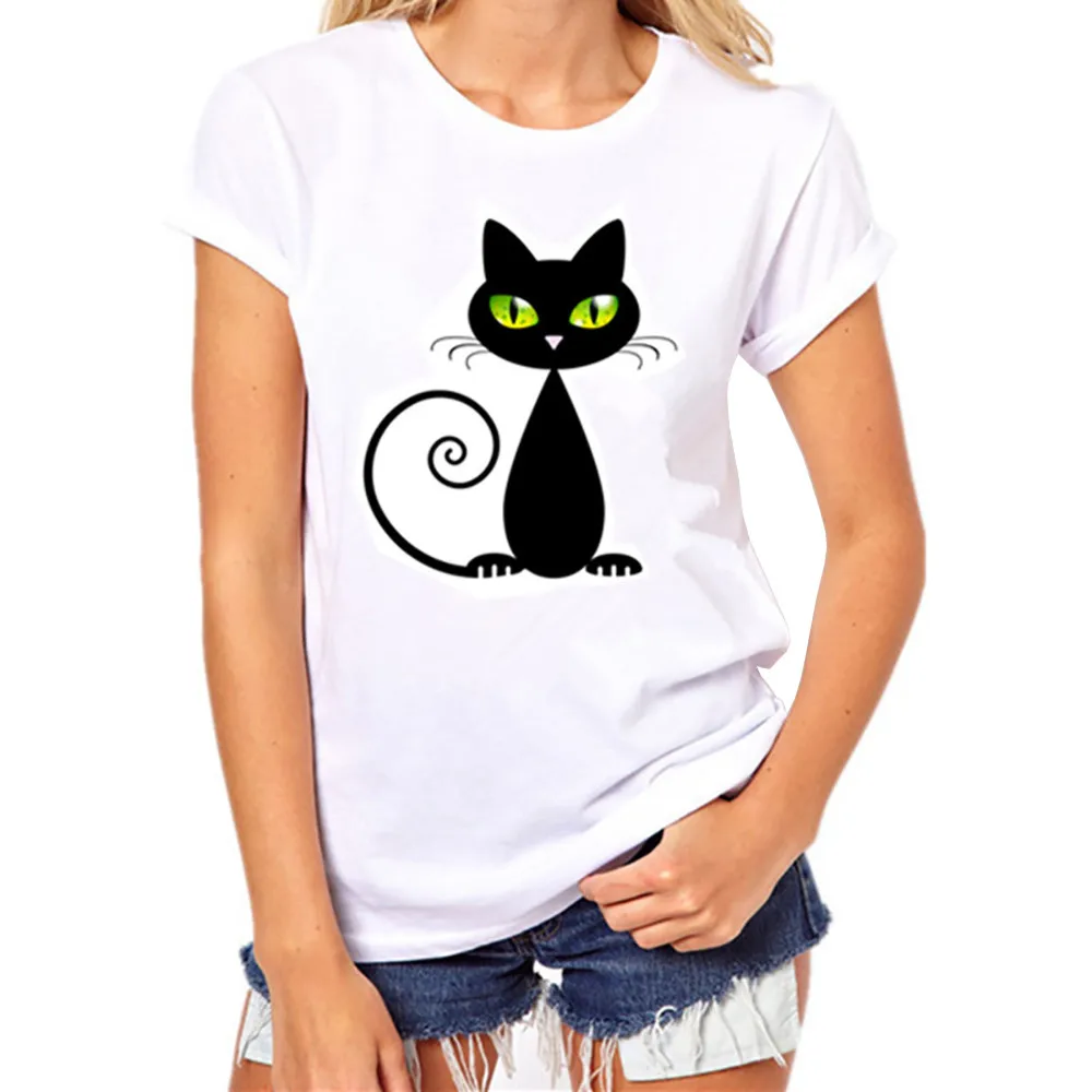 

Women Plus Size Cute Black Cat Print Funny T Shirt Women Summer Grils Tshirt White Top Short Sleeve Women Clothes