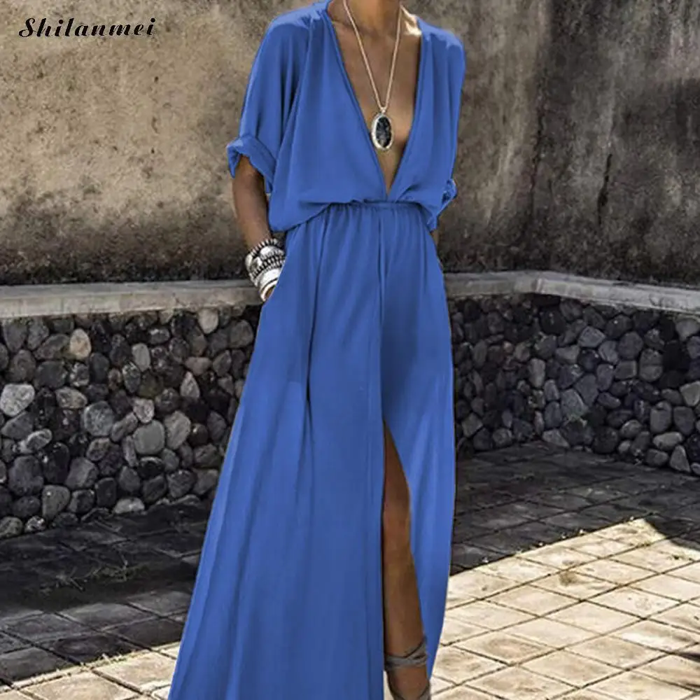 

2019 HotSale Beach Dress Women Summer Plus Size Loose Beach Tunic Maxi Long Boho Robe Femme Party Sexy Deep V Split Vestido XXXL