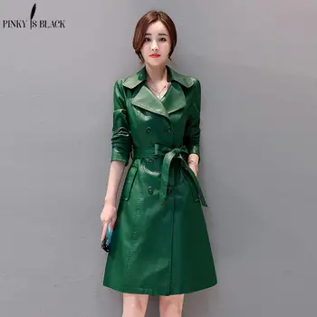 

PinkyIsBlack 2018 Autumn Winter PU Leather Jacket Women Sashes Motorcycle Coat Turn Down Collar Long Faux Leather Jacket Female