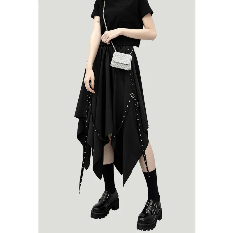 

[EWQ] Summer New Pattern High Waist Elastic Black Asymmetrical Patchwork Loose Large Size Skrit Streetwear Women AG07301