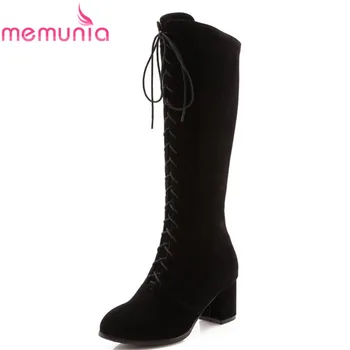 

MEMUNIA 2020 new arrival knee high boots women zipper +lace up fashion boots square high heels autumn winter boots dress shoes