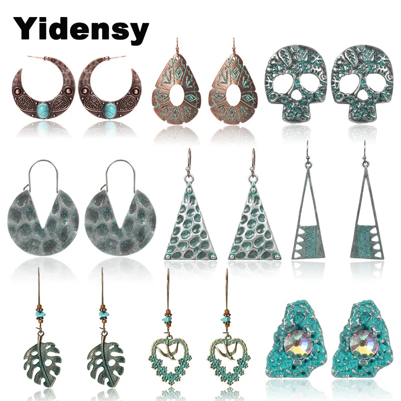 

Yidensy Fashion Ethnic Drop Earrings Boho Big Leaf Bird Halloween Skull Head Waterdrop Triangle Geometric Pendant Earrings Women