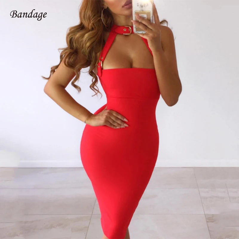 2018 New Arrivals Red Sexy Halter Bandage Dress Fashion Nova Women Bodycon Nightclub Cocktail Party Dress Vestido Sexy Backless