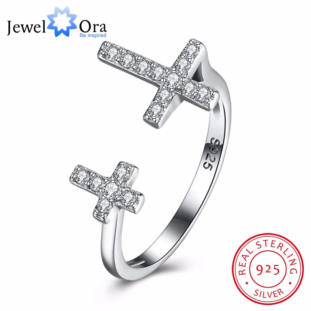 925 Sterling Silver Adjustable Ring Cross Design CZ Fashion Jewelry Party Rings For Women Gift For Christmas(JewelOra RI102655)