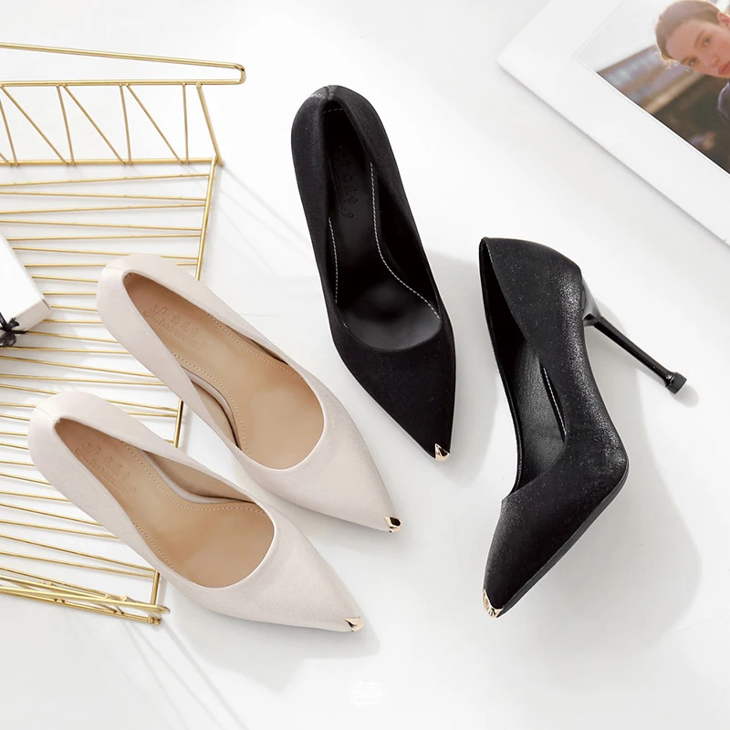 

Korean Fashion Women's High Heels Shallow Office Shoes New Flock Pointed Toe Women Pumps metal head Super High Sexy Shoes