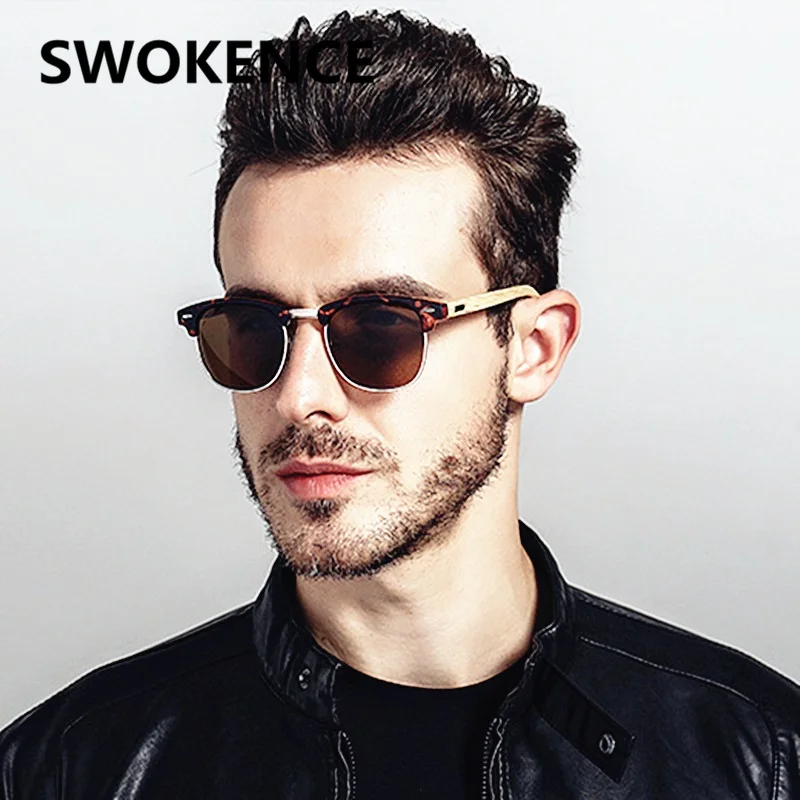 

SWOKENCE Polarized Wood Bamboo Handmade Sunglasses Men Women Upscale Brand Stars Style Vintage Rivet Wooden Sun Blinkers SC89