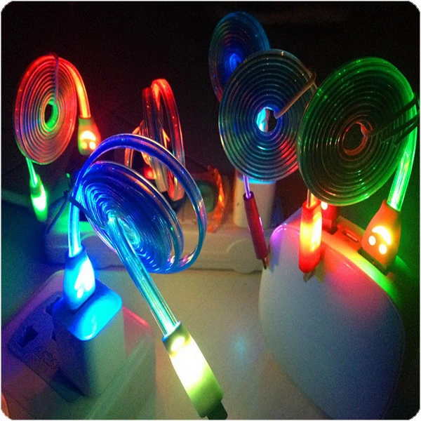 by dhl or ems 200 pieces LED Visible Light Charger Cable Noodle Shaped Luminous Data Charging Cable Line For Iphone