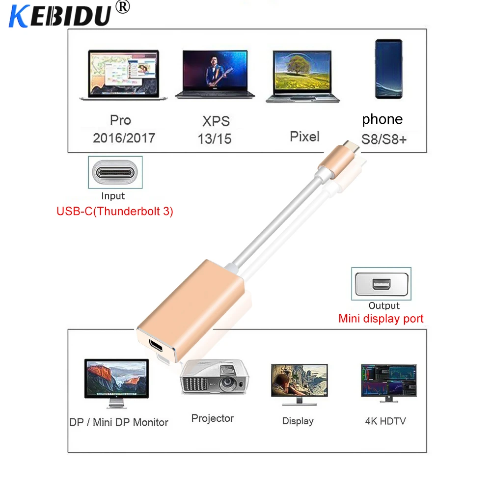 Адаптер KEBIDU USB C MINI DP DisplayPort 3 1 Type с поддержкой 4K UHD 1080P для ChromeBook Macbook Pro 2017|Кабели VGA| |