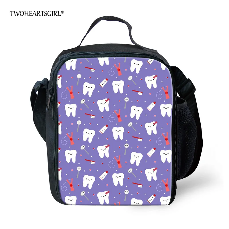 Bolsas de Comida Twoheartsgirl Roxo Dental Impressão Tote Meninas Adolescentes Lunchbag Térmica Duplas Lunch Bolsa For Kids Portátil Piquenique