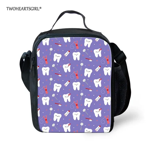 Bolsas de Comida Twoheartsgirl Roxo Dental Impressão Tote Meninas Adolescentes Lunchbag Térmica Duplas Lunch Bolsa For Kids Portátil Piquenique