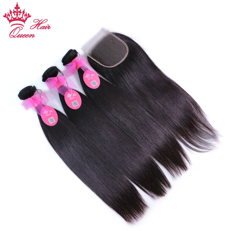 Queen Hair Products 100% Human Hair Brazilian Straight 3 Bundles With Closure Virgin Hair Extensions Natural color Lace Closure
