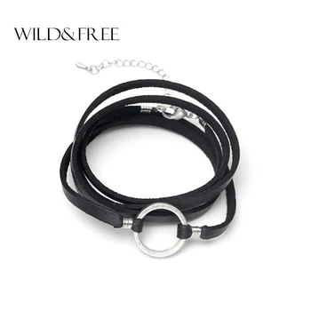 

Wild & Free Women Handmade Black Brown Leather Bracelets Vintage Gold Round Circle Connection Pendant Bracelets Jewelry