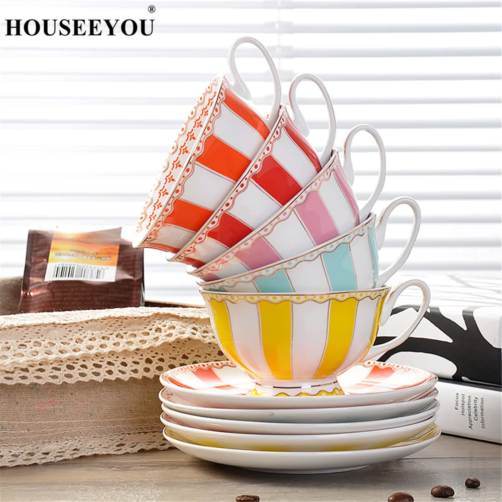 

HOUSEEYOU European Rainbow Bone China Coffee Cup Teacups Saucer Set Creative Ceramic Cup Advanced Porcelain Valentine Tea Cup