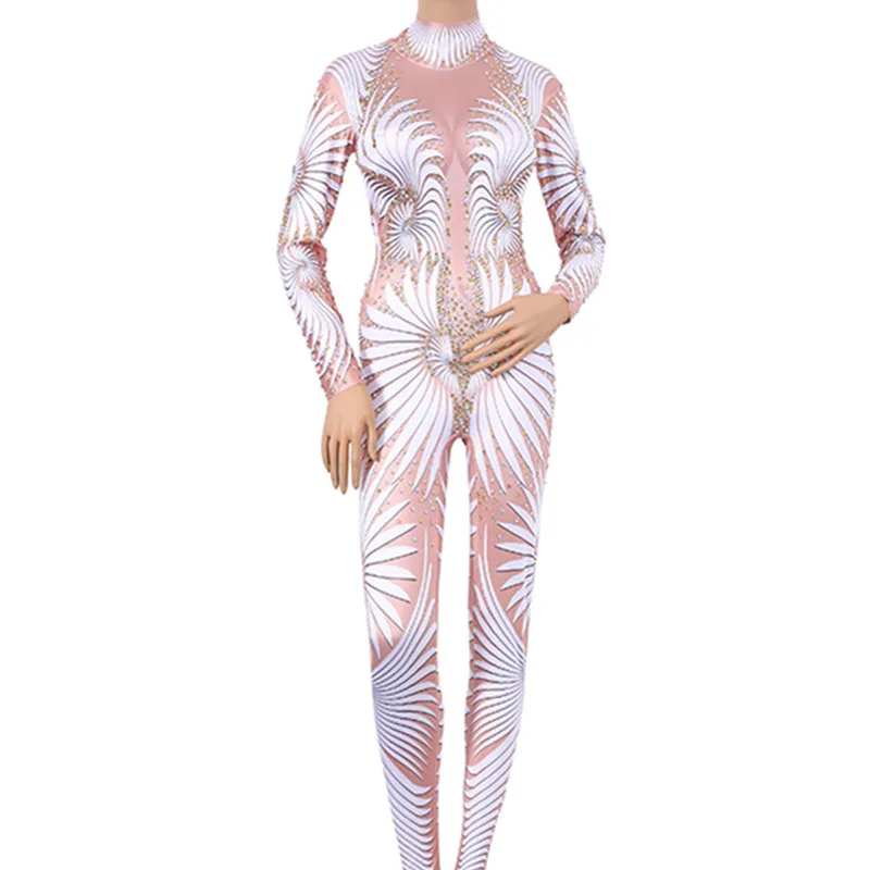 

New Fashion Women Elegant Stage Performance Jumpsuits Stretch Skinny Sexy Nightclub Pole Dancing Print Leotard Shining Clothes