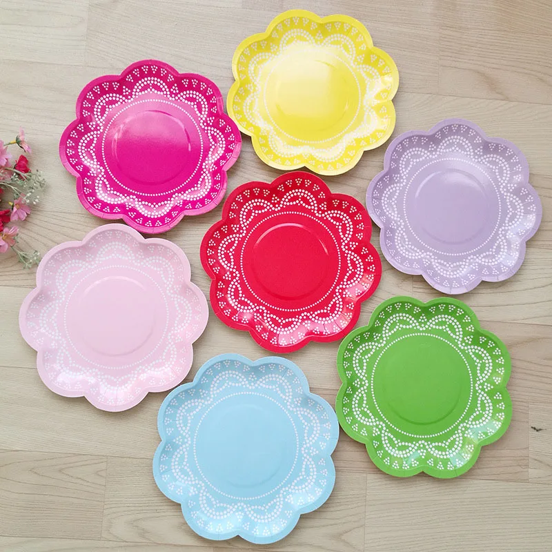 12pcs Lace Pastel Flower Paper Plates Pink Blue Purple Paper Plate Cups Towel For Wedding Birthday Party Baby Shower Supplies