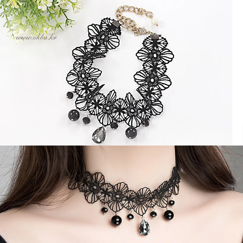 LNRRABC 1PC Hot Sexy Black Lace Flower Waterdrop Rhinestones Pendant Women Lady Girl Popular Torques Short Necklace | Украшения и