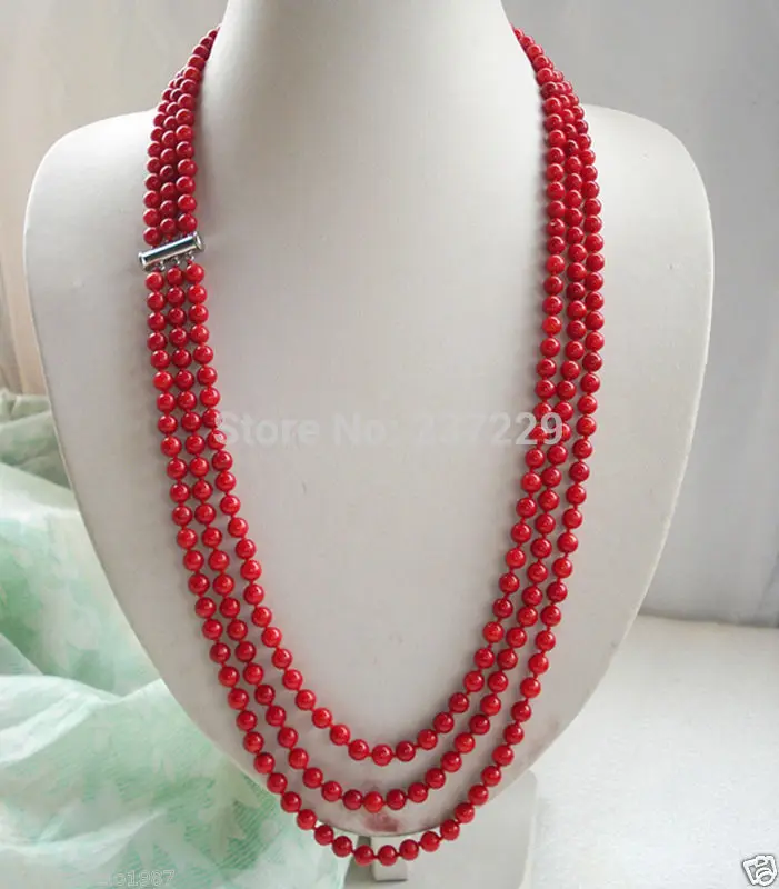 

shipping Wholesale XSZ2014 ^^^Beautiful 3 row red coral necklace 22-26 " Fine Factory direct