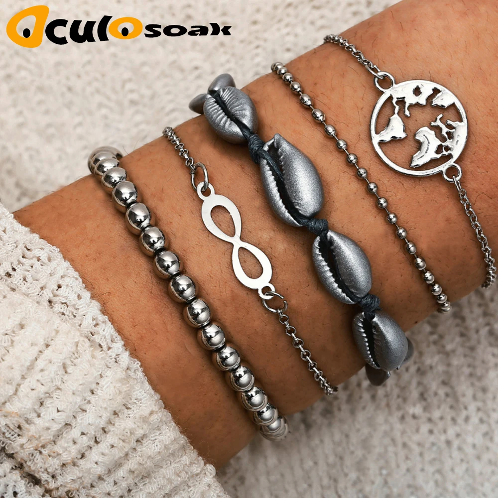

Bohemian Silver Chain Beads Bracelets Vintage Fashion Ocean Map Shell Bracelets Bangles Sets For Women Jewelry 2019 New