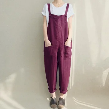 

2020 ZANZEA Women Strappy Bib Overalls Pockets Summer Cotton Linen Long Jumpsuits Casual Solid Dungarees Loose Rompers Plus Size